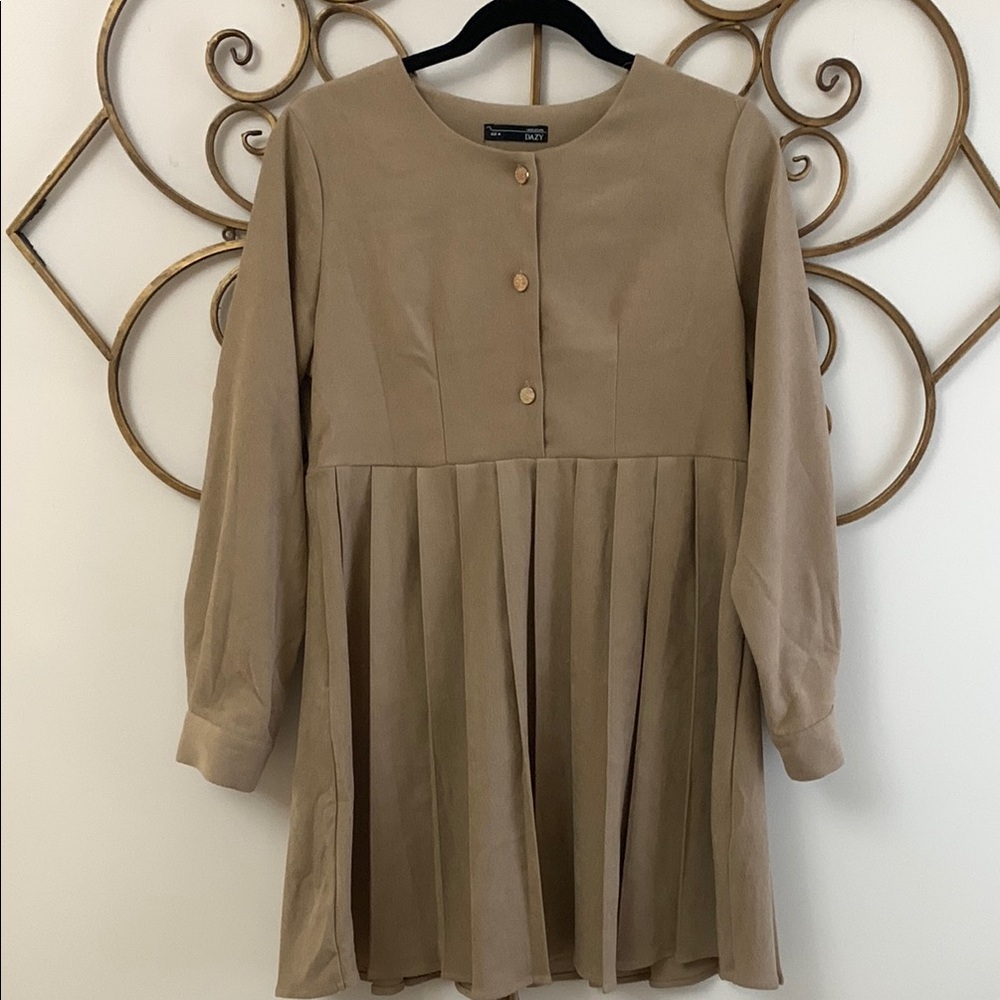 SOLD Tan Midi Dress with long Sleeves and Pleated Design